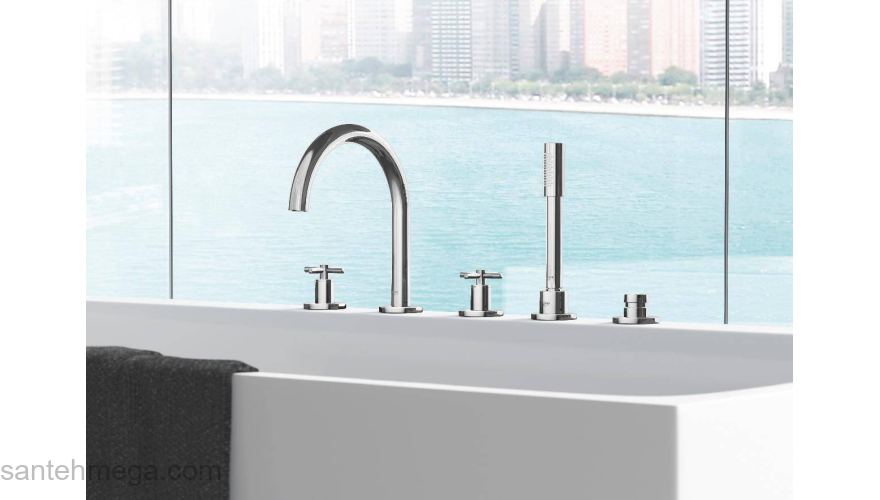GROHE 19923003 Atrio New Комлект для ванны на 5 отверстий (смеситель двухвентильный, круглый излив, крестообразные ручки, ручной душ, переключатель), может быть использован с 29 037 001. Фото