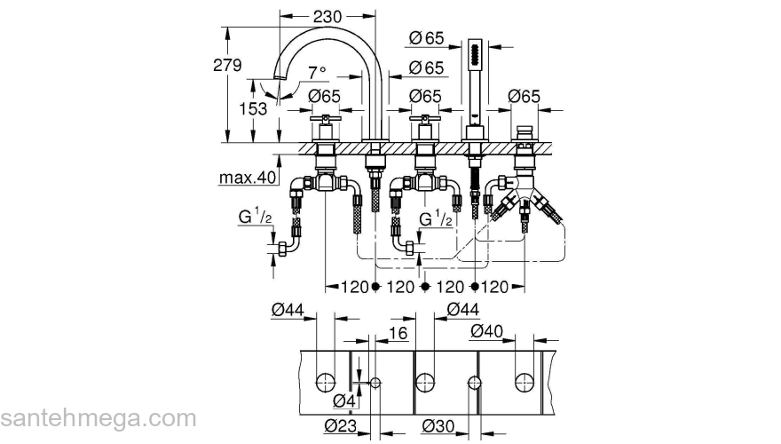 GROHE 19923AL3 Atrio New Комлект для ванны на 5 отверстий (смеситель двухвентильный, круглый излив, крестообразные ручки, ручной душ, переключатель), Графит. Фото