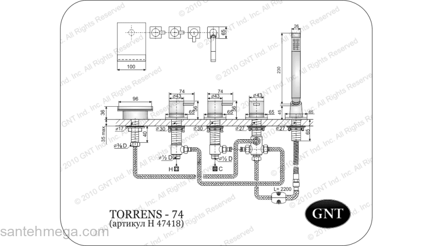 Врезной смеситель для ванны GNT Torrens-74. Фото
