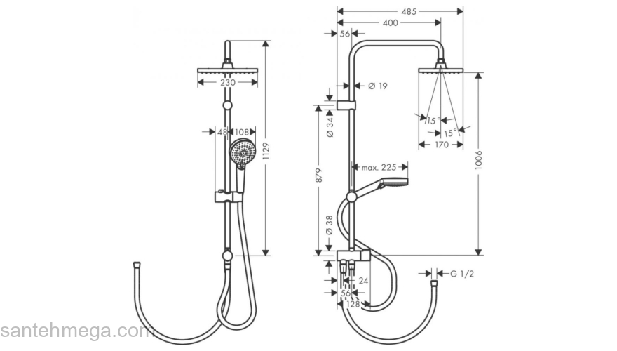 Душевая система Showerpipe 230 1jet Hansgrohe Vernis Shape Reno 26282670 черный. Фото