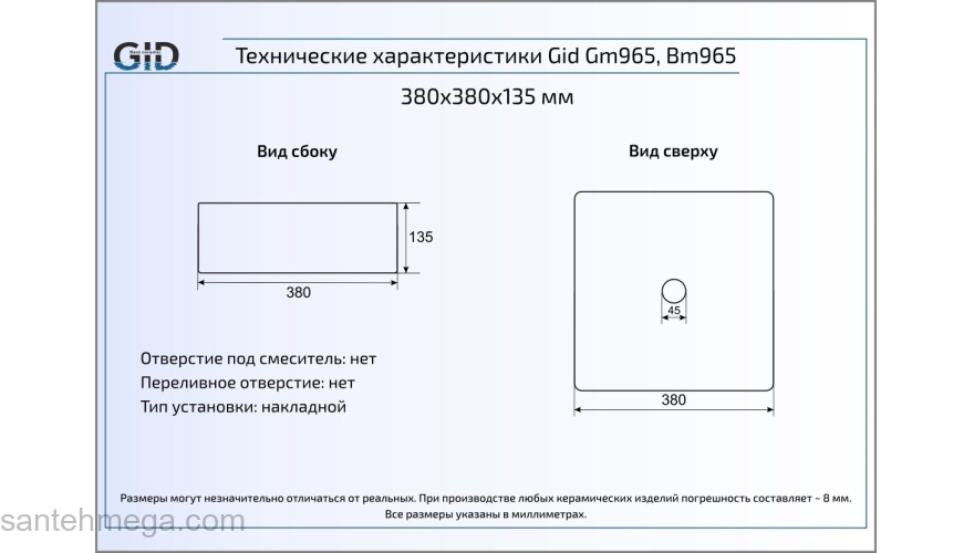 Раковина накладная GID Bm965 38х38 53339 Черный Матовый. Фото