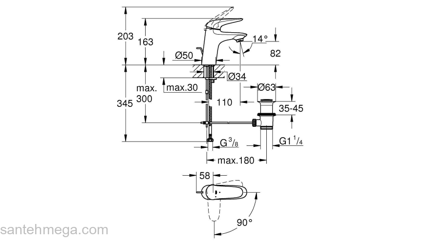 Eurostyle 2015 Solid Смеситель для раковины со сливным гарнитуром, S-Size, с GROHE 23709LS3 SilkMove® ES с энергосберегающей функцией (подача холодной воды при центральном положении рычага). Фото