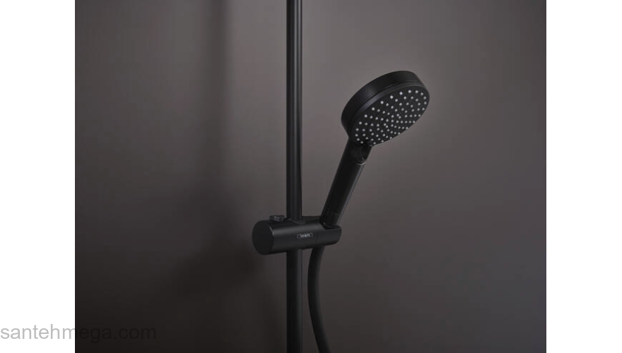 Душевая система Showerpipe 230 1jet с термостатом, EcoSmart Hansgrohe Vernis Shape 26097670, матовый черный. Фото