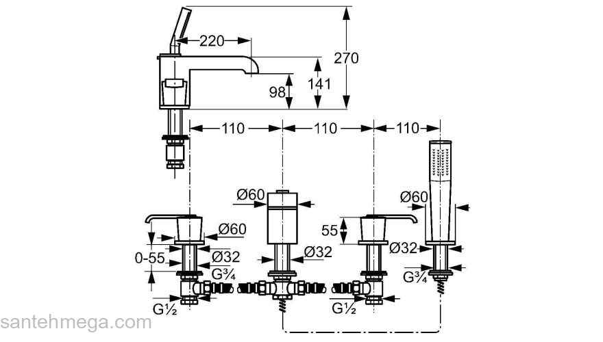 Смеситель для ванны KLUDI Joop 55425H705. Фото