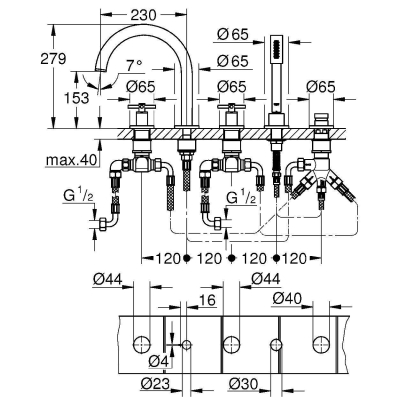 GROHE 19923AL3 Atrio New Комлект для ванны на 5 отверстий (смеситель двухвентильный, круглый излив, крестообразные ручки, ручной душ, переключатель), Графит. Фото