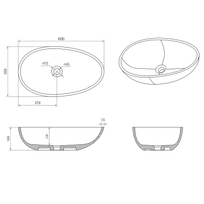 Раковина накладная AZARIO 600x350x160 из искусственного камня, белая матовая (AZ-1216S). Фото