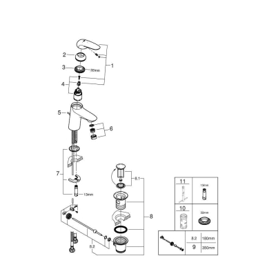 Eurostyle 2015 Solid Смеситель для раковины со сливным гарнитуром, S-Size, с GROHE 23709LS3 SilkMove® ES с энергосберегающей функцией (подача холодной воды при центральном положении рычага). Фото